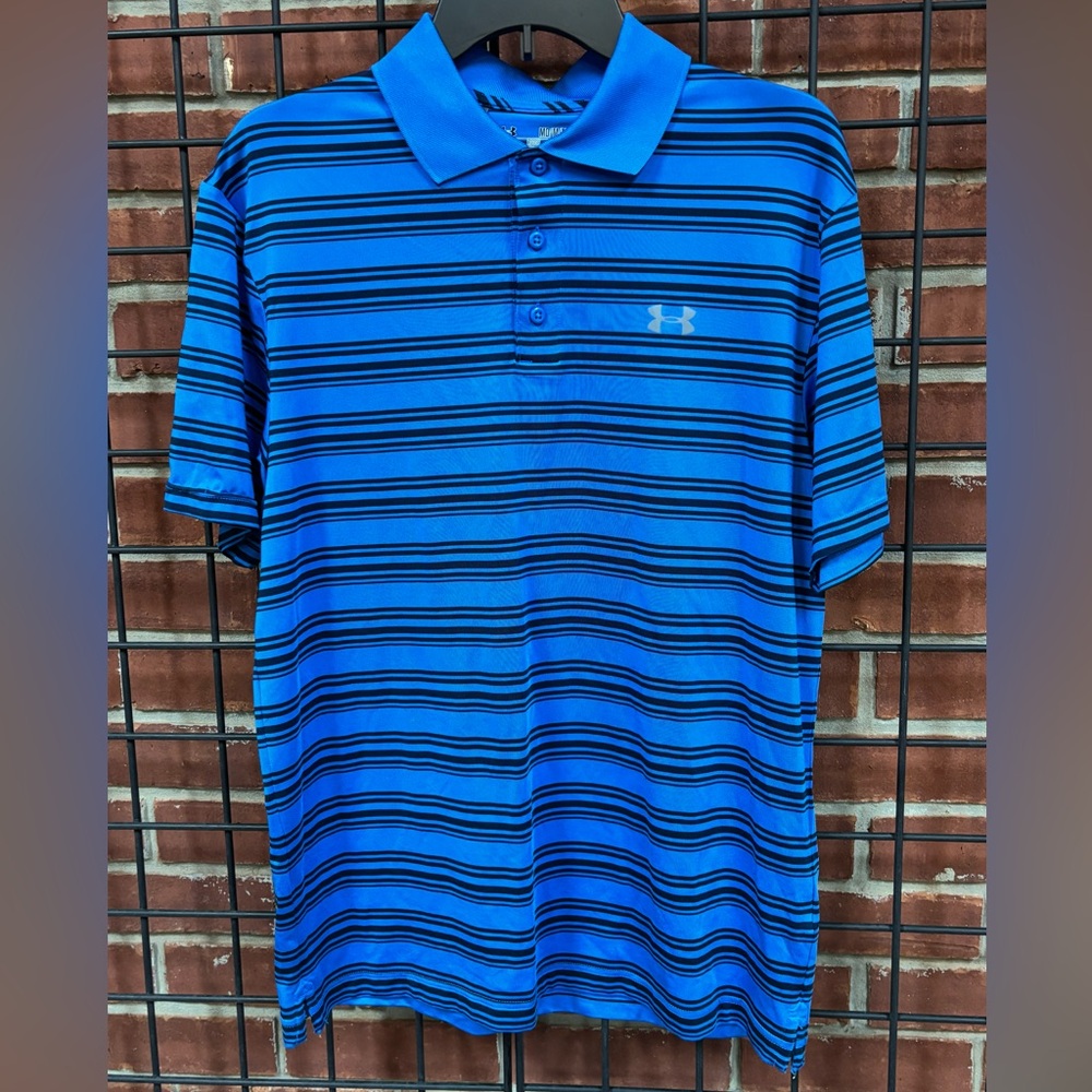 Under Armour HeatGear Striped Golf Polo – Size Medium – Blue & Black